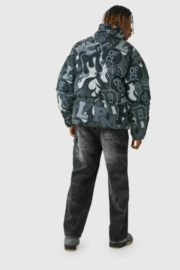 boohooMAN Tall Printed Funnel Neck Mesh Puffer Jacket In | Man | Coats & Jackets