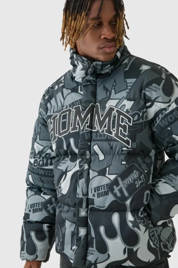 boohooMAN Tall Printed Funnel Neck Mesh Puffer Jacket In | Man | Coats & Jackets