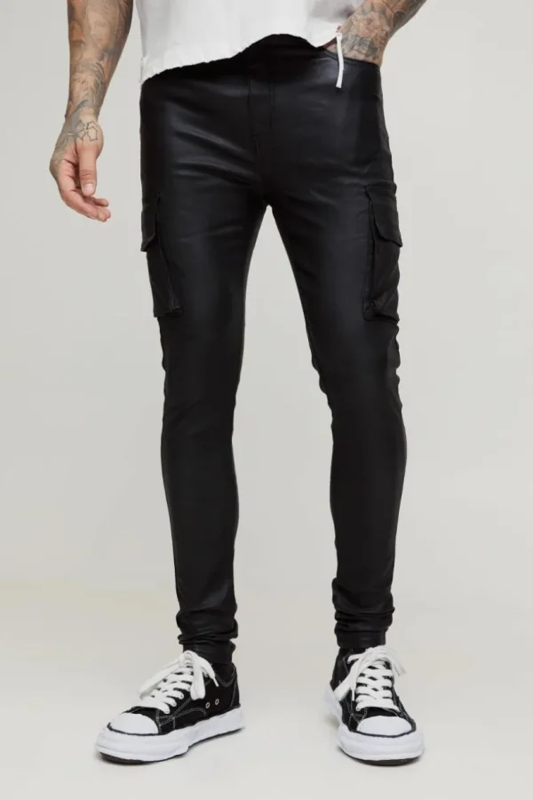 boohooMAN Tall PU Coated Super Skinny Cargo Jeans | Denim | Going Out Denim