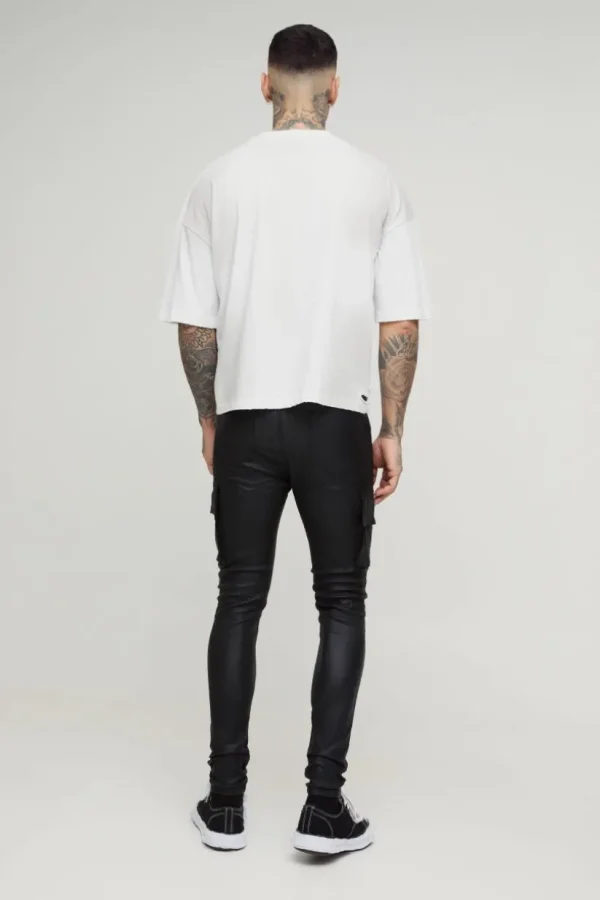 boohooMAN Tall PU Coated Super Skinny Cargo Jeans | Denim | Going Out Denim