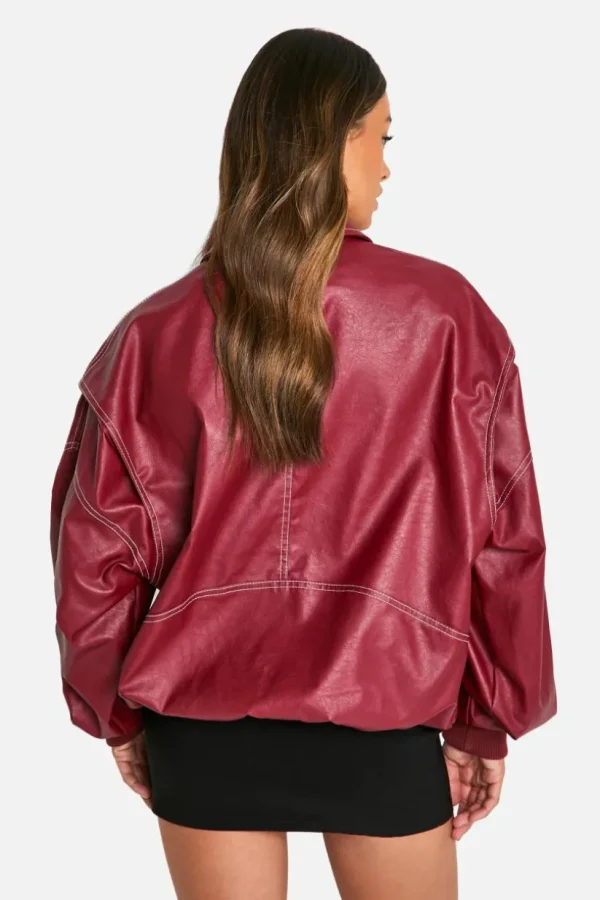 boohoo Tall Pu Contrast Stitch Oversized Bomber Jacket | Women Shirts | Foundation