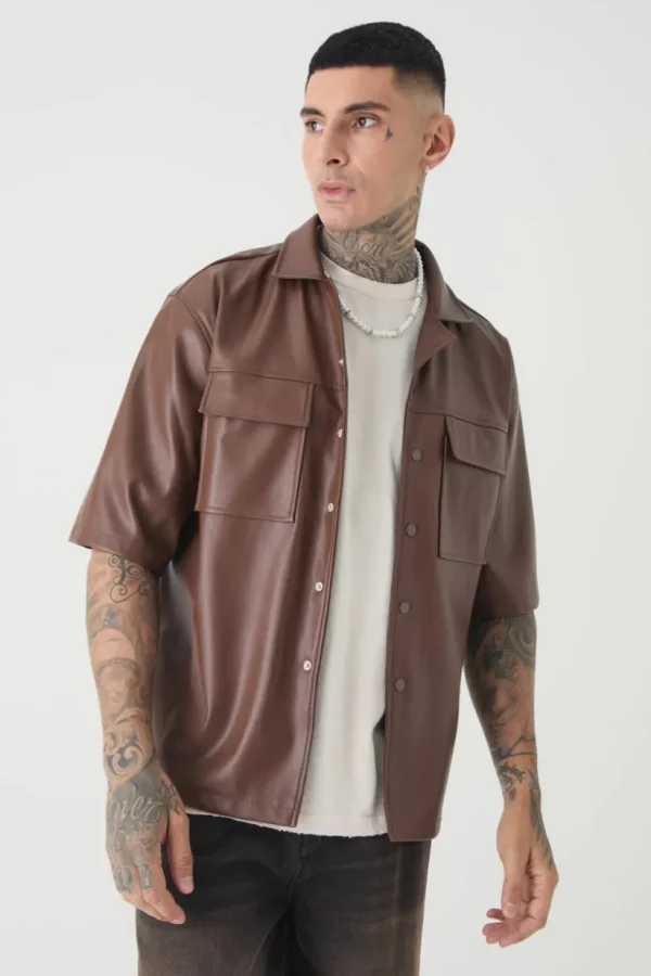 boohooMAN Tall PU Short Sleeve Overshirt | Shirts | Going Out Shirts