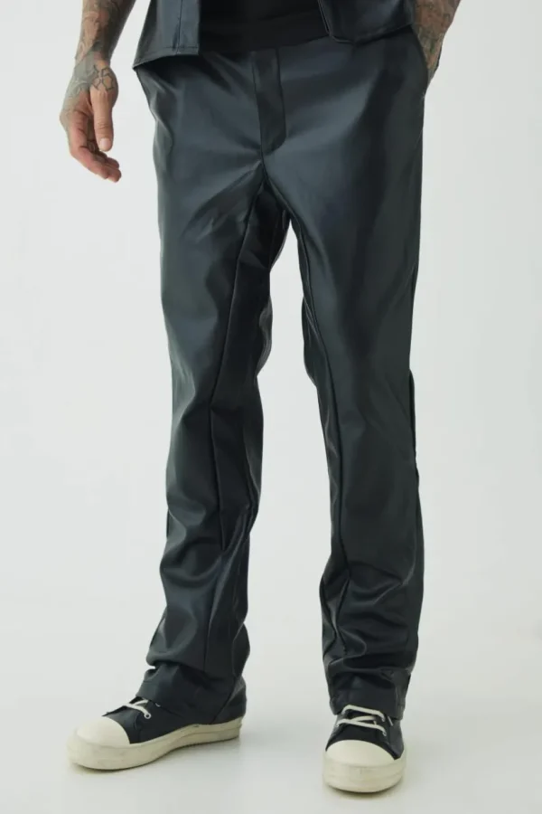 boohooMAN Tall PU Slim Fit Flared Trousers | Trousers