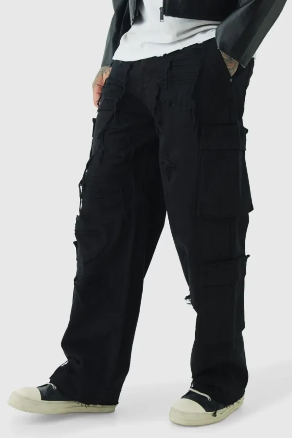 boohooMAN Tall Relaxed Fit Distressed Cargo Trousers | Trousers