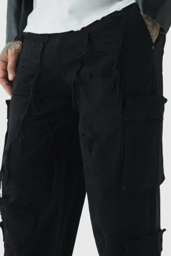 boohooMAN Tall Relaxed Fit Distressed Cargo Trousers | Trousers