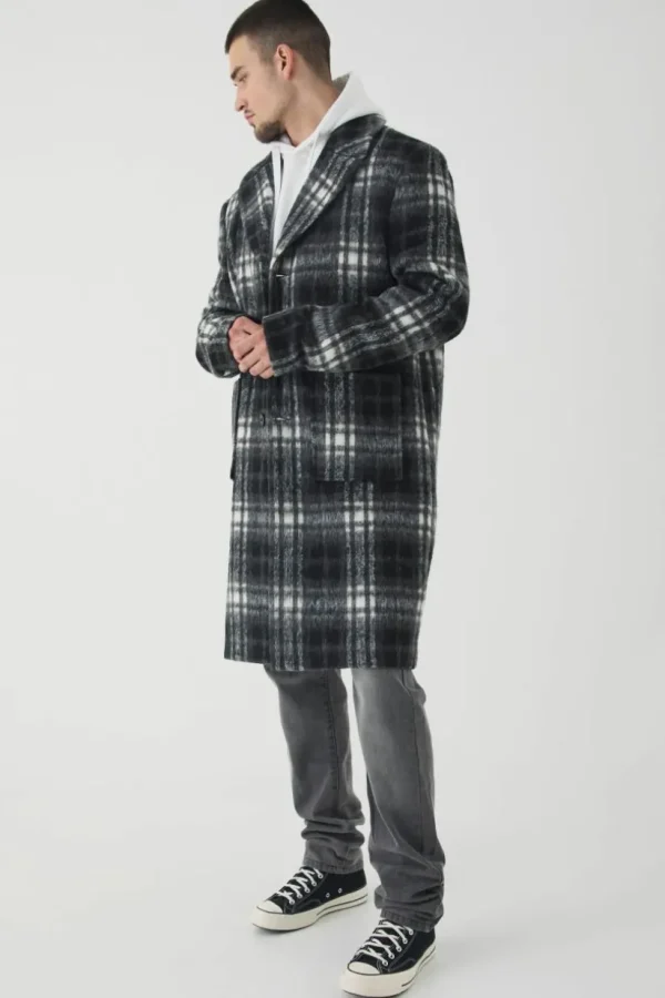 boohooMAN Tall Relaxed Fit Single Breasted Check Overcoat In | Going Out Jackets | Going Out