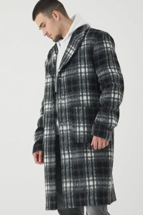 boohooMAN Tall Relaxed Fit Single Breasted Check Overcoat In | Going Out Jackets | Going Out