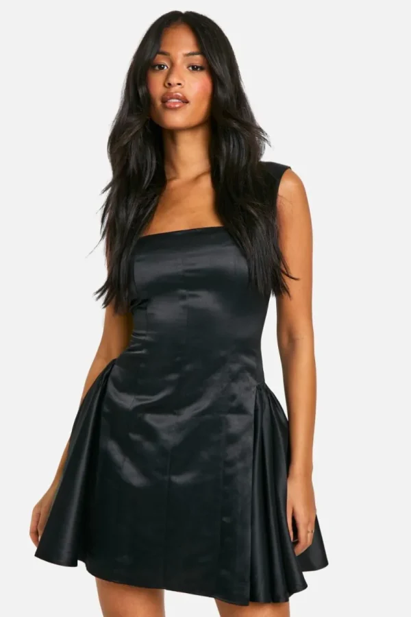 boohoo Tall Satin Structured Square Neck Skater Dress | Women Shirts | Foundation