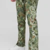 boohooMAN Tall Self Applique Gusset Detail Camo Slim Fit Flared Trousers | Trousers