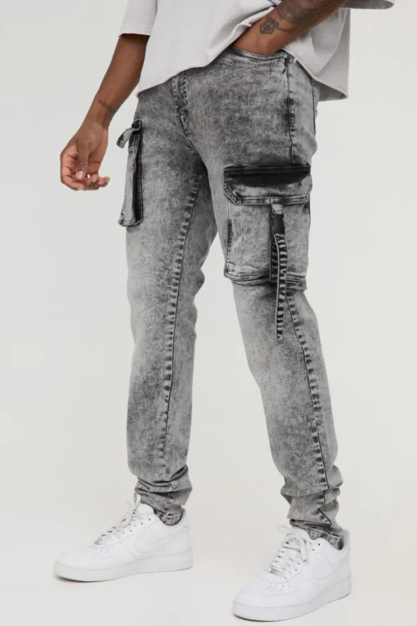 boohooMAN Tall Skinny Multi Pocket Strap Detail Cargo Jeans | Jeans