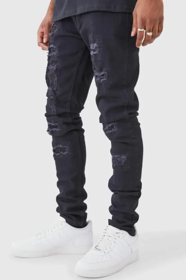 boohooMAN Tall Skinny Stacked Distressed Ripped Jeans | Denim | Going Out Denim