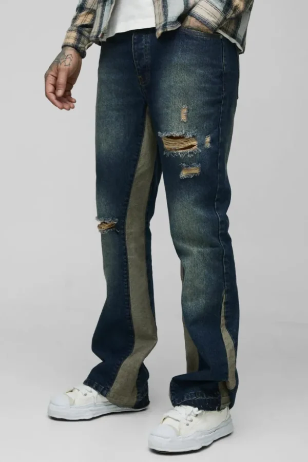 boohooMAN Tall Slim Rigid Flare Distressed Gusset Panel Acid Washed Jeans | Denim | Going Out Denim