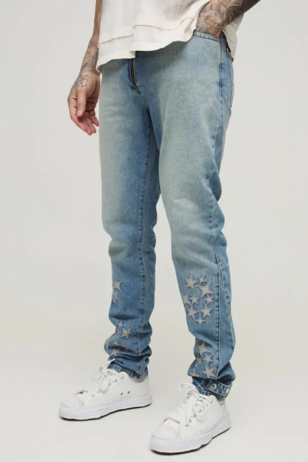 boohooMAN Tall Slim Rigid Pu Star Applique Gusset Jeans | Trousers | Denim