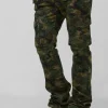 boohooMAN Tall Slim Stacked Flare Multi Cargo Camo Bandana Trouser | Trousers