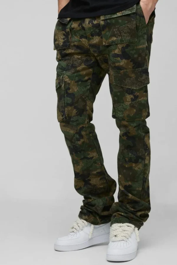 boohooMAN Tall Slim Stacked Flare Multi Cargo Camo Bandana Trouser | Trousers