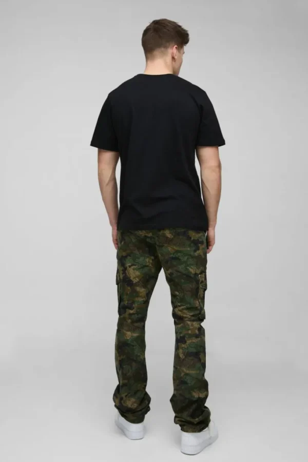 boohooMAN Tall Slim Stacked Flare Multi Cargo Camo Bandana Trouser | Trousers