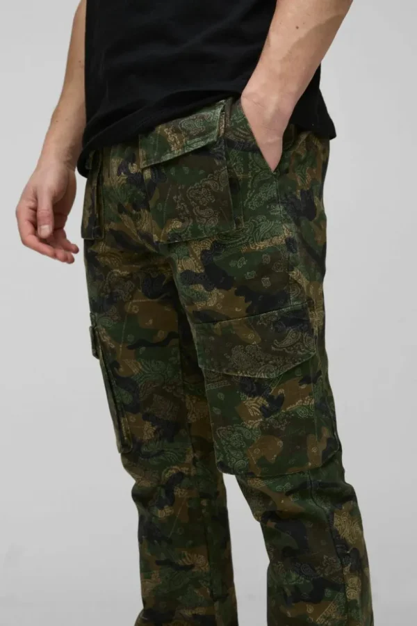 boohooMAN Tall Slim Stacked Flare Multi Cargo Camo Bandana Trouser | Trousers