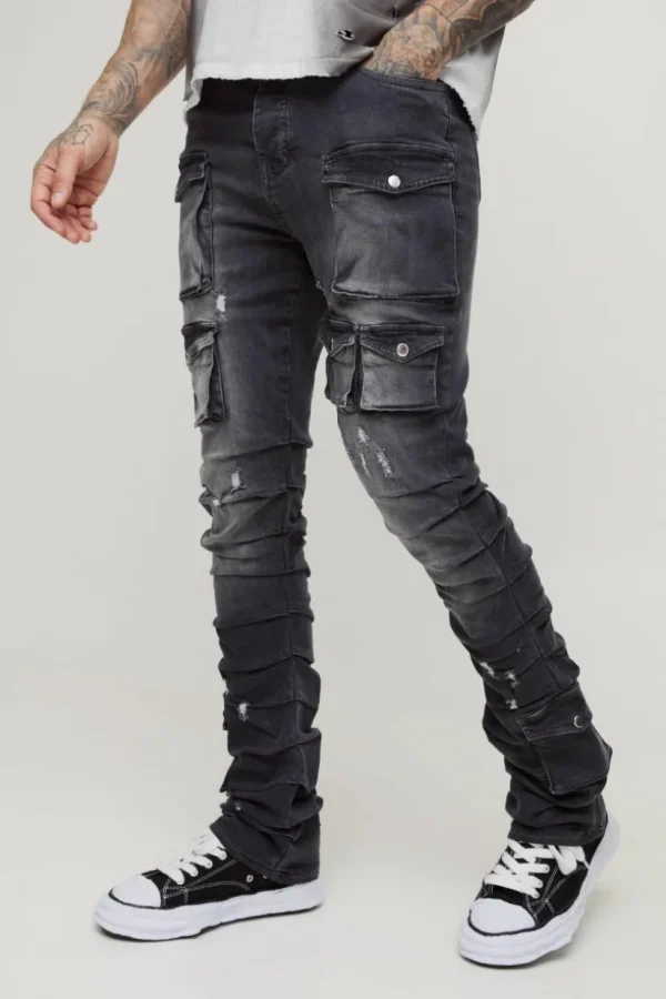 boohooMAN Tall Stacked Multi Cargo Pocket Flared Jeans | Denim | Going Out Denim