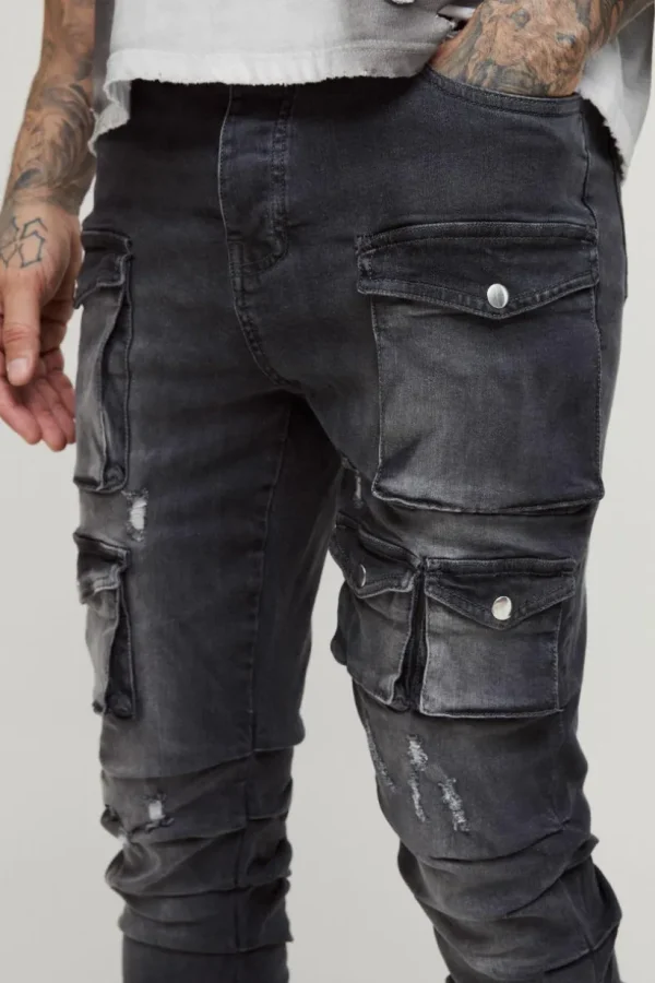 boohooMAN Tall Stacked Multi Cargo Pocket Flared Jeans | Denim | Going Out Denim