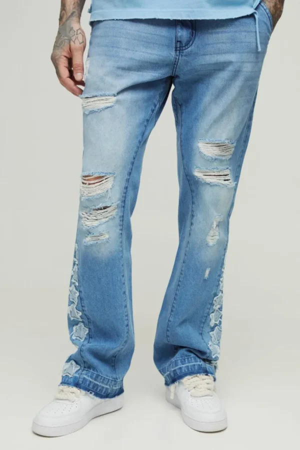 boohooMAN Tall Star Applique Gusset Distressed Flared Jeans | Denim | Going Out Denim