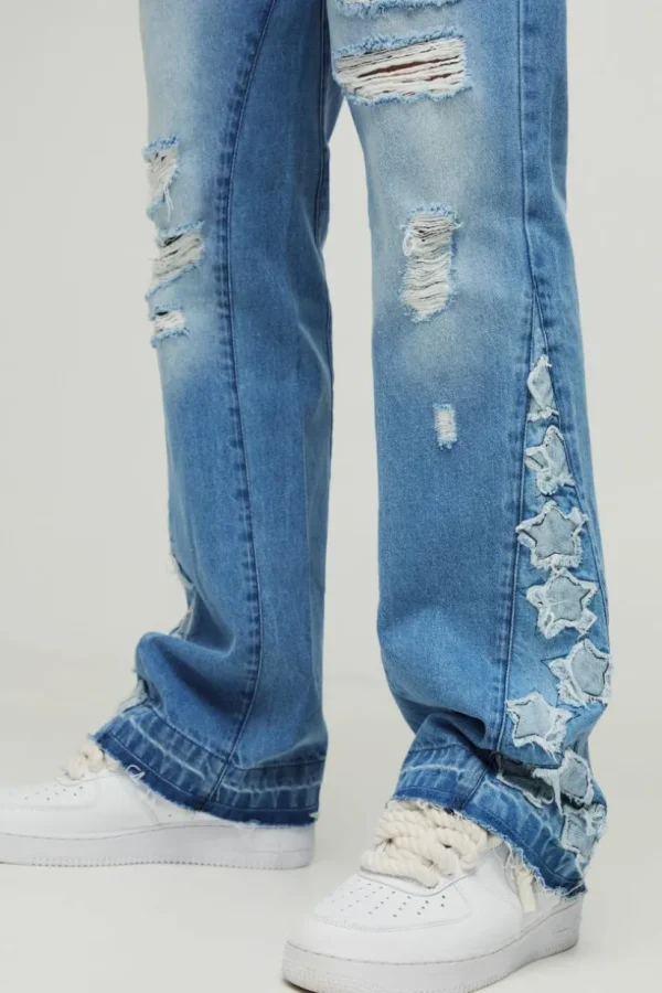 boohooMAN Tall Star Applique Gusset Distressed Flared Jeans | Denim | Going Out Denim