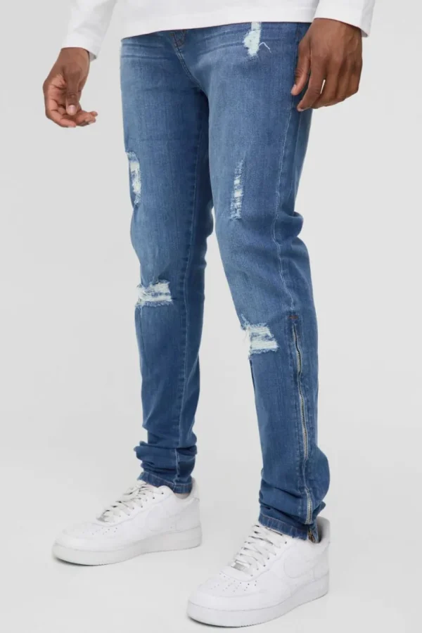 boohooMAN Tall Stretch Skinny Zip Hem Ripped Jeans | Denim | Going Out Denim