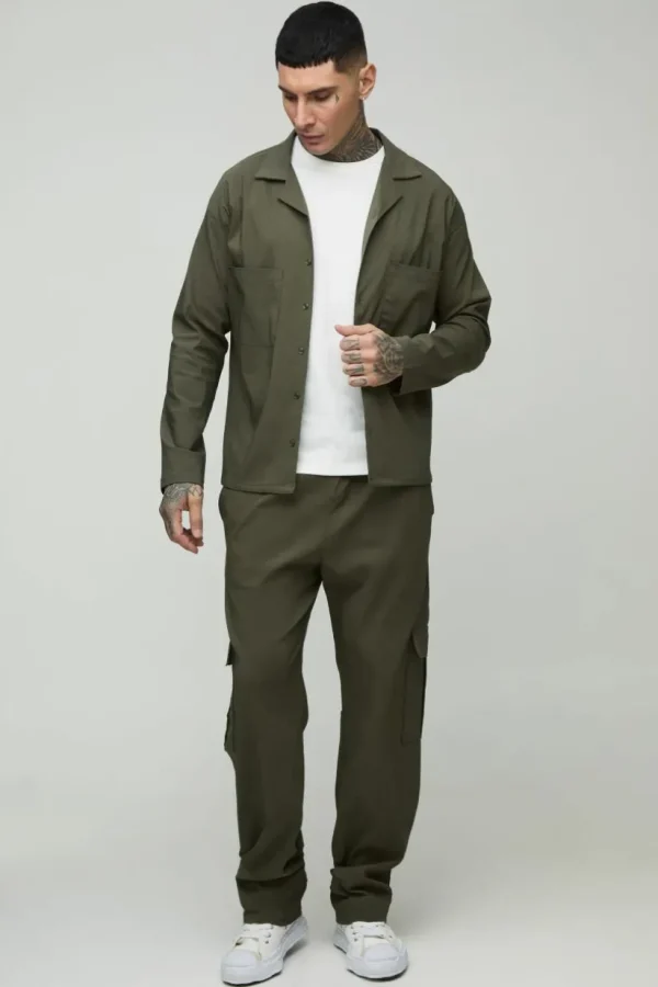 boohooMAN Tall Stretch Utility Pocket Shirt and Cargo Trouser Set in | Sets & Coords