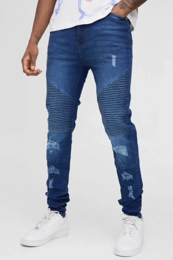 boohooMAN Tall Super Skinny Busted Knee Biker Jeans | Denim | Going Out Denim