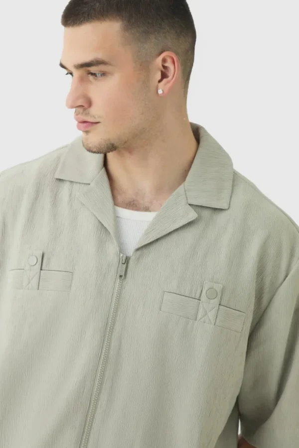 boohooMAN Tall Textured Pleated Zip Up Shirt | Shirts | Going Out Shirts