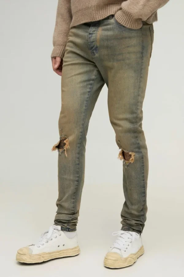 boohooMAN Tall Tinted Rip Knee Stacked Skinny Zip Hem Jeans | Denim | Going Out Denim