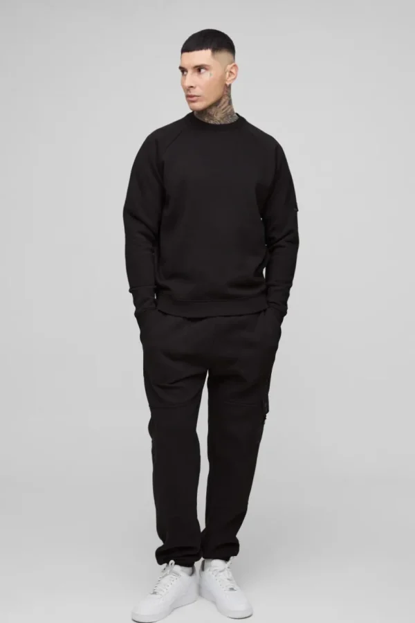 boohooMAN Tall Twill Utility Pocket Woven Tab Jersey Tracksuit | Tracksuits