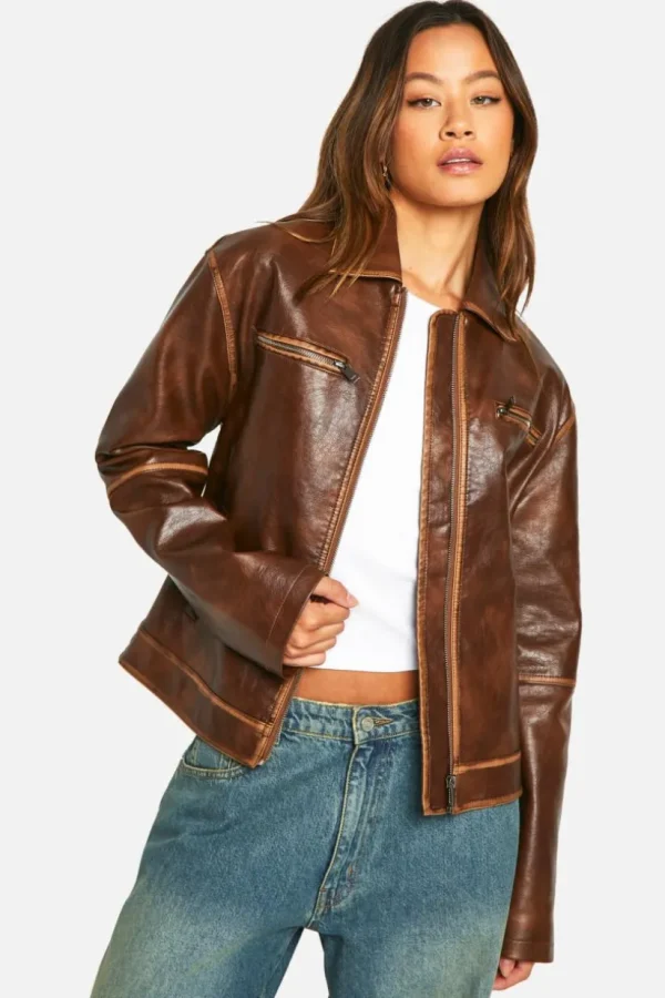 boohoo Tall Vintage Look Boyfriend Faux Leather Zip Jacket | Women Shirts | Foundation