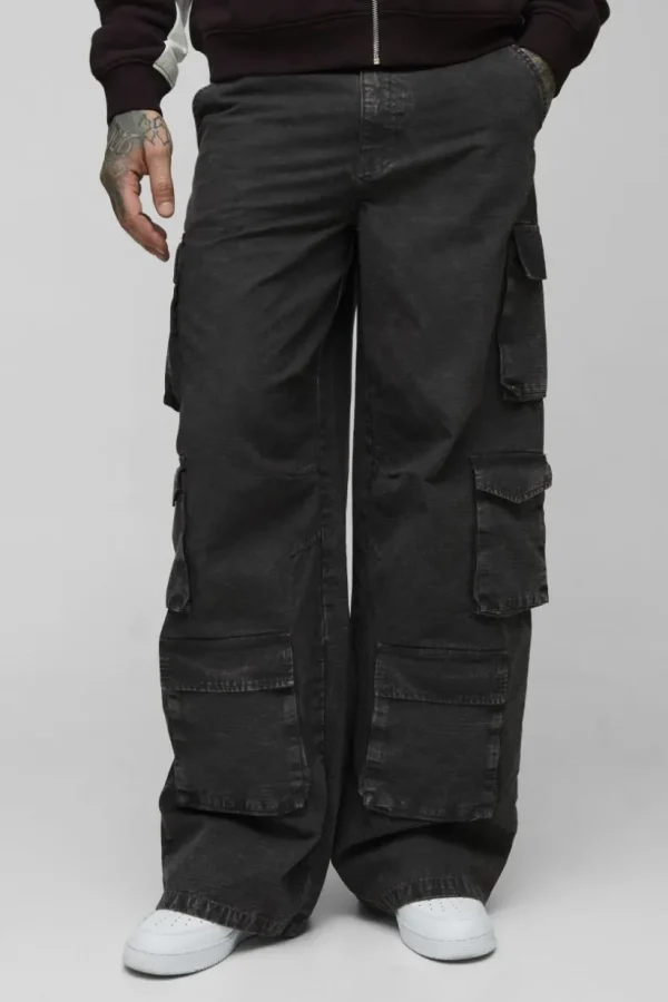 boohooMAN Tall Washed Ripstop Multi Cargo Pocket Baggy Trousers | Trousers