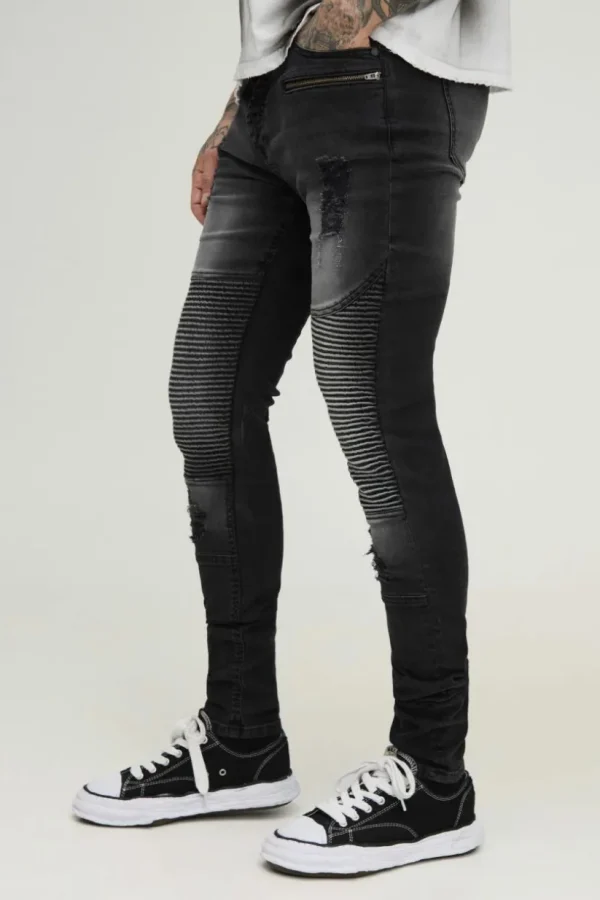 boohooMAN Tall Washed Zip Biker Distressed Stacked Skinny Jeans | Denim | Going Out Denim