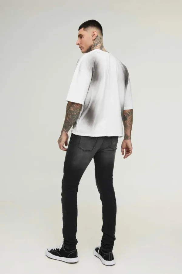 boohooMAN Tall Washed Zip Biker Distressed Stacked Skinny Jeans | Denim | Going Out Denim