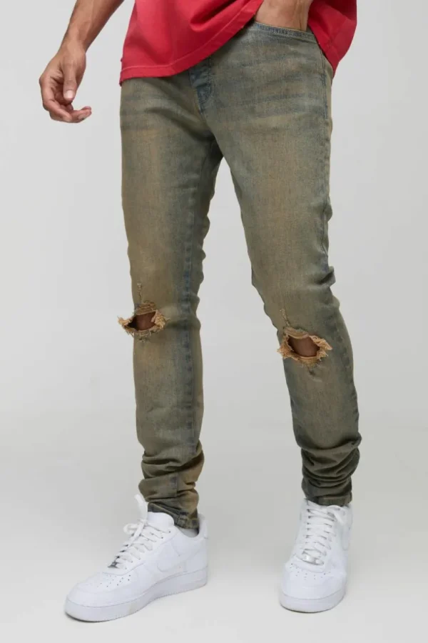 boohooMAN Tinted Rip Knee Stacked Skinny Zip Hem Jeans | Denim | Going Out Denim