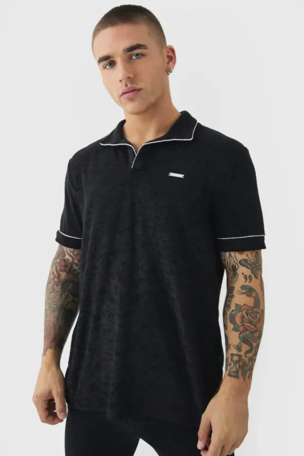 boohooMAN Towelling Polo With Piping & Metal Tab | Going Out Polo Shirts