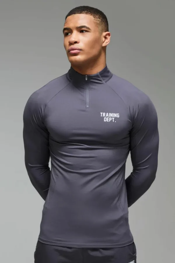 boohooMAN Training Dept Muscle Fit Perforated 1/4 Zip | Gym Clothes | Gym Hoodies