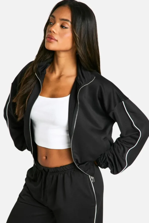 boohoo Tricot Piping Detail Zip Through Track Jacket | Women Shirts | Foundation