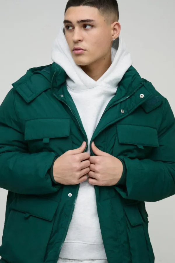 boohooMAN Utility Pocket Hooded Parka In | Man | Coats & Jackets