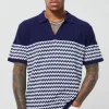 boohooMAN V Neck Striped Knitted Polo | Going Out Polo Shirts | Going Out Tops