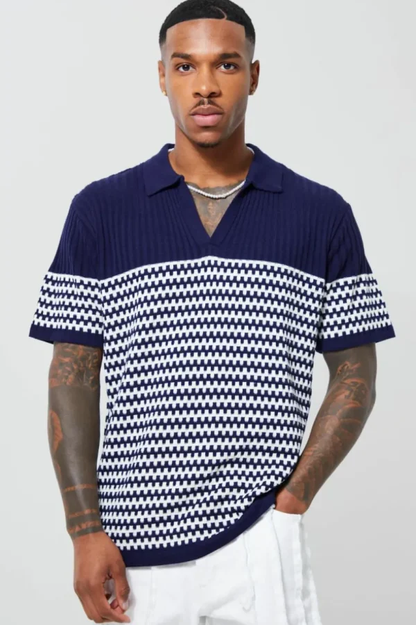 boohooMAN V Neck Striped Knitted Polo | Going Out Polo Shirts | Going Out Tops