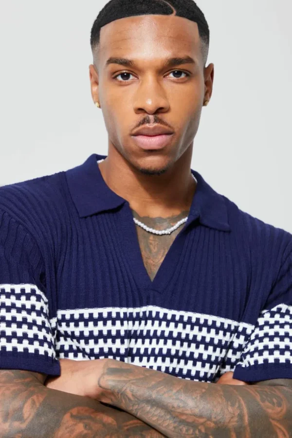 boohooMAN V Neck Striped Knitted Polo | Going Out Polo Shirts | Going Out Tops