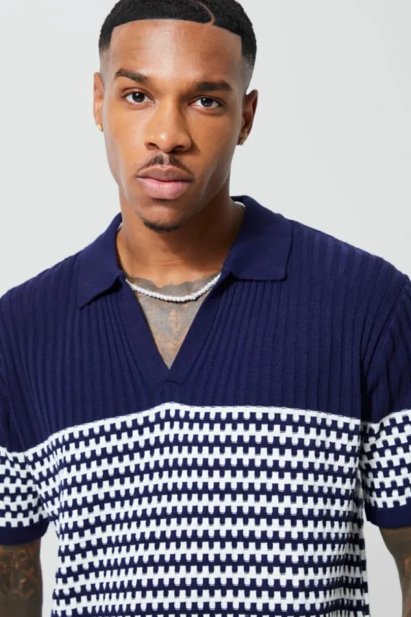 boohooMAN V Neck Striped Knitted Polo | Going Out Polo Shirts | Going Out Tops