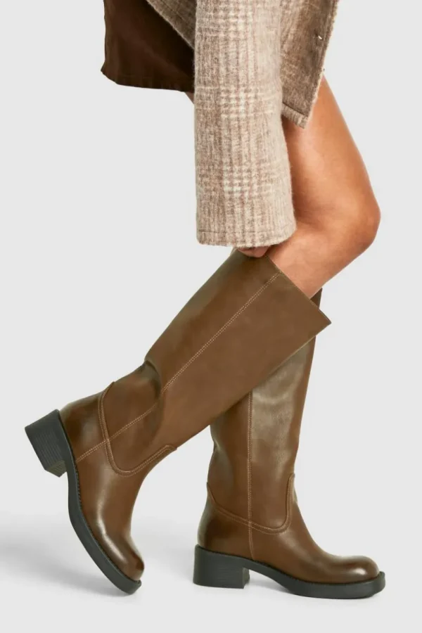 boohoo Vintage Look Burnished Toe Column Knee High Boot | Women Shirts | Foundation