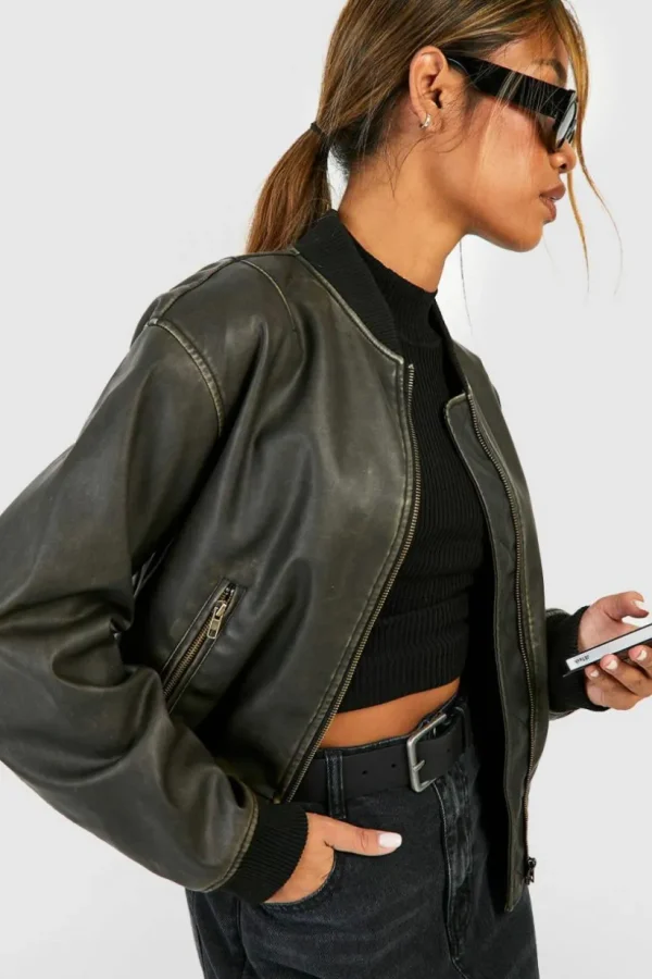 boohoo Vintage Look Faux Leather Oversized Cropped Bomber Jacket | Women Shirts | Foundation