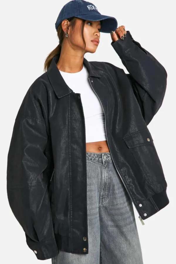 boohoo Vintage Look Faux Leather Oversized Bomber Jacket | Women Shirts | Foundation
