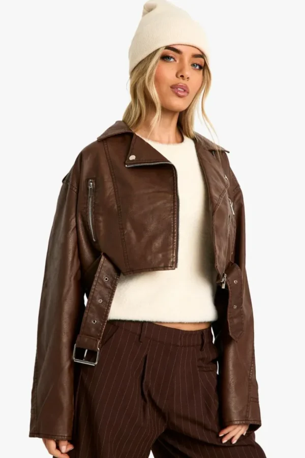 boohoo Vintage Look Faux Leather Crop Biker Jacket | Women Shirts | Foundation