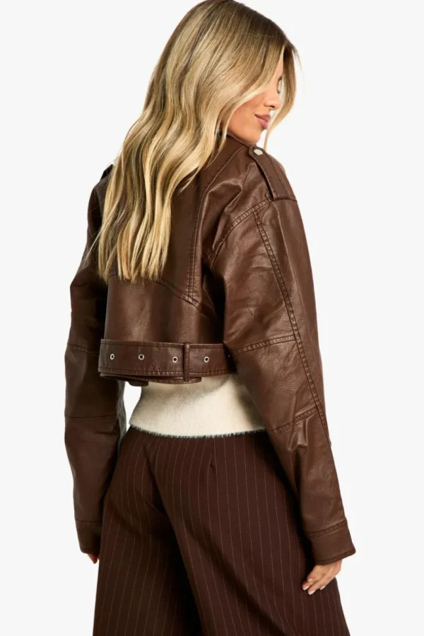 boohoo Vintage Look Faux Leather Crop Biker Jacket | Women Shirts | Foundation