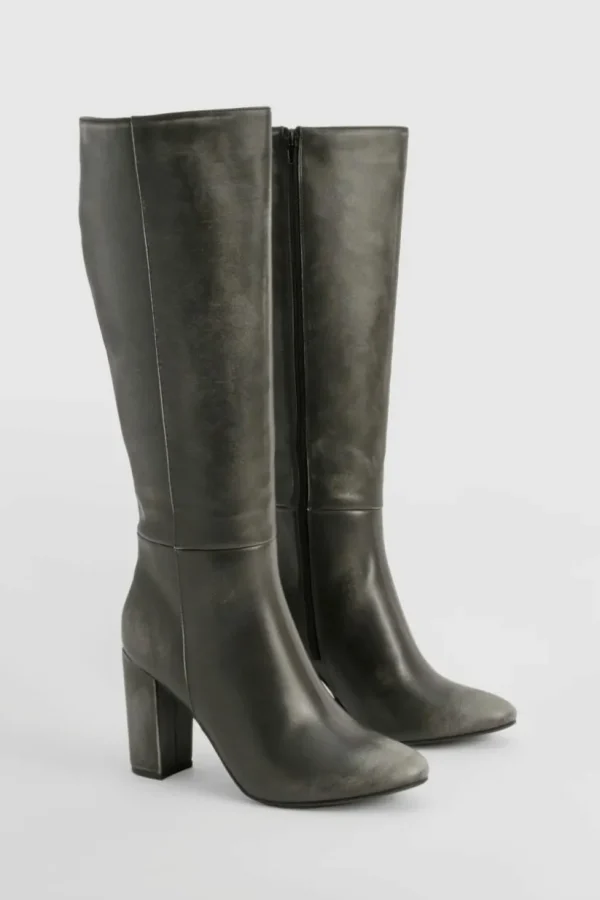 boohoo Vintage Look Knee High Block Heel Boots | Women Shirts | Foundation
